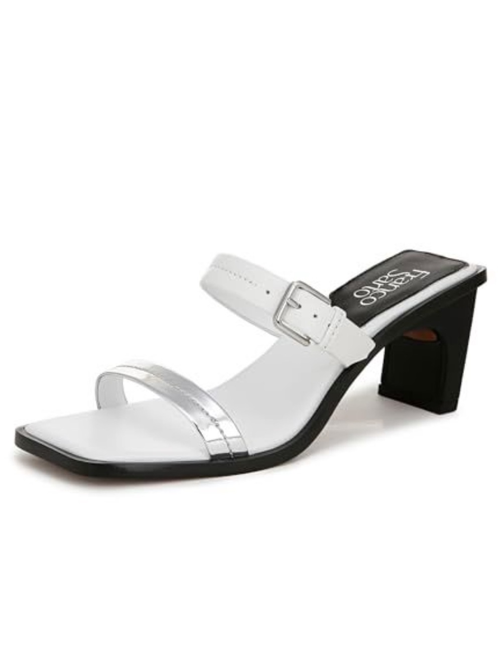 Franco Sarto 5.5 Frenza White & Silver Square Toe Block Heel Mule Sandal - Picture 1 of 10
